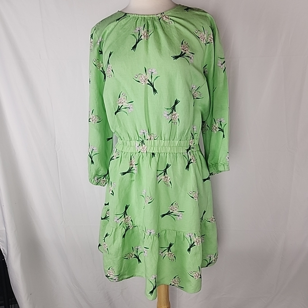 LOFT NWT Green Floral Linen Blend Tiered Dress XL Cottagecore Garden Party